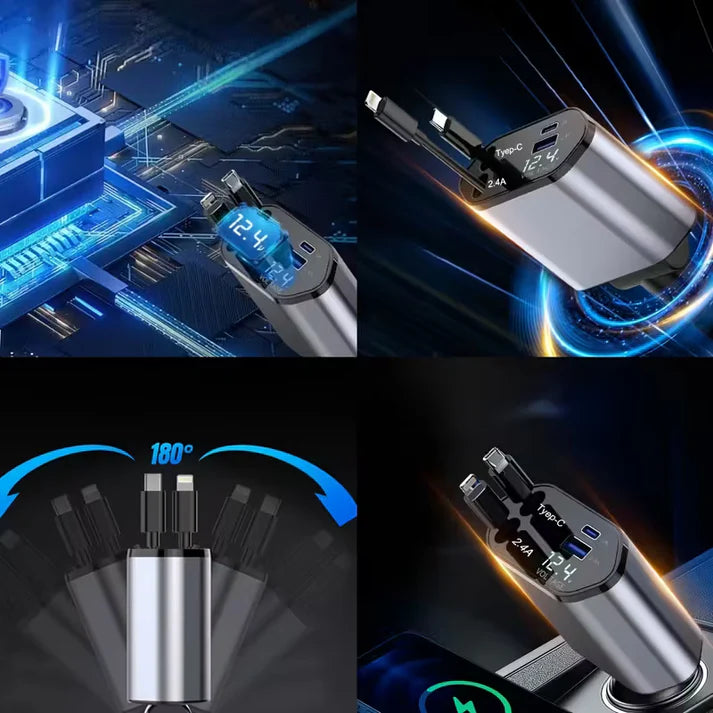 Cargador retráctil para carro 4 en 1 - Carga Rápida 🔋