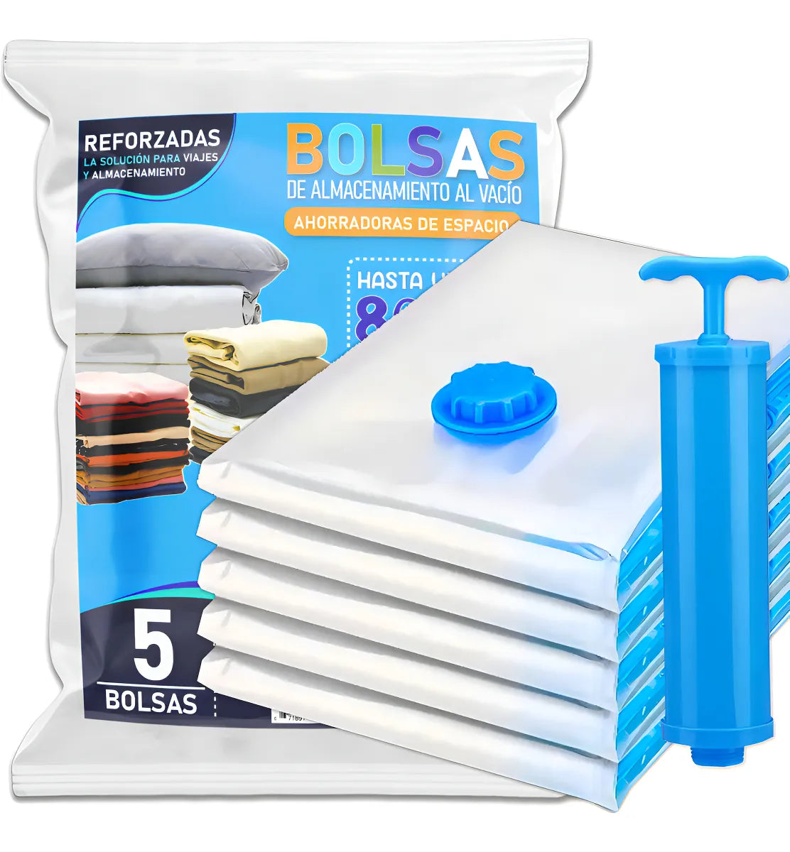 SpaceBags™-COMBO X 5 BOLSAS AL VACÍO RE-UTILIZABLES + BOMBA DE AIRE