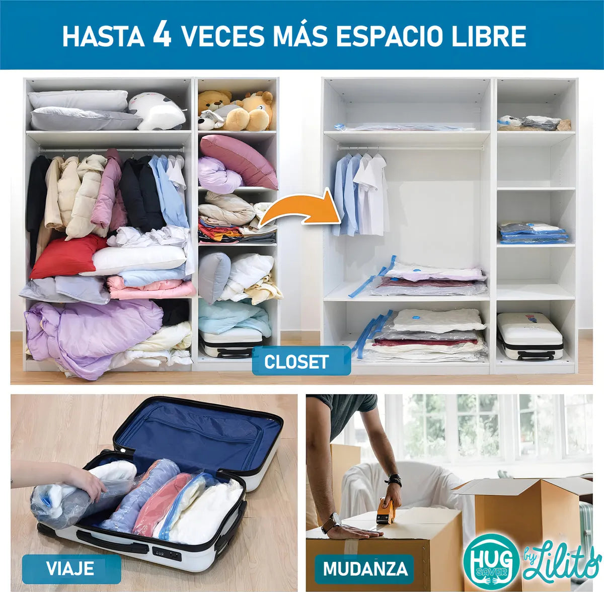 SpaceBags™-COMBO X 5 BOLSAS AL VACÍO RE-UTILIZABLES + BOMBA DE AIRE