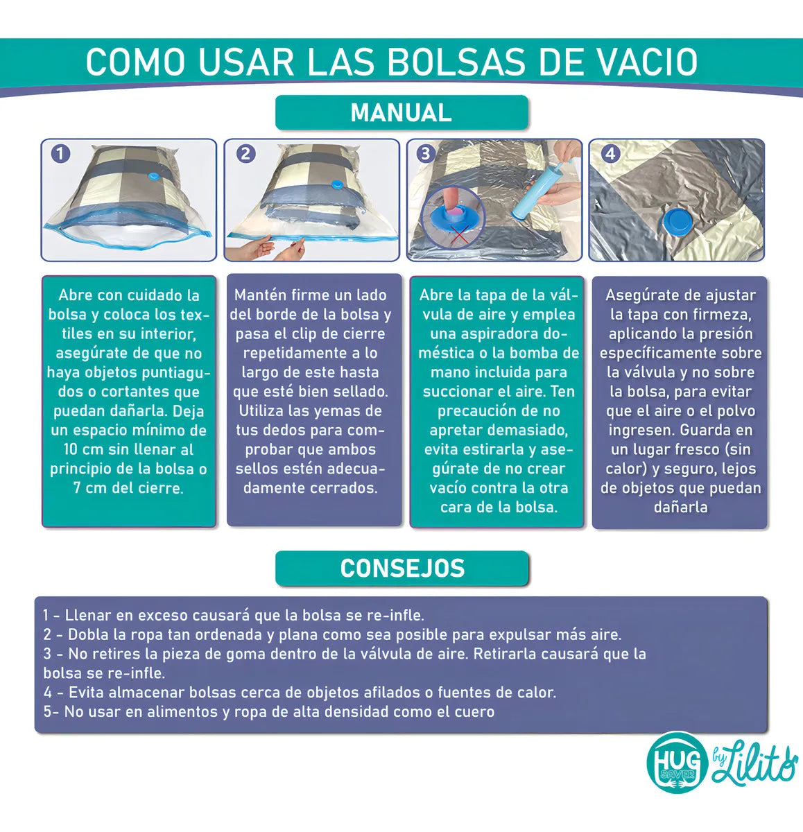 SpaceBags™-COMBO X 5 BOLSAS AL VACÍO RE-UTILIZABLES + BOMBA DE AIRE
