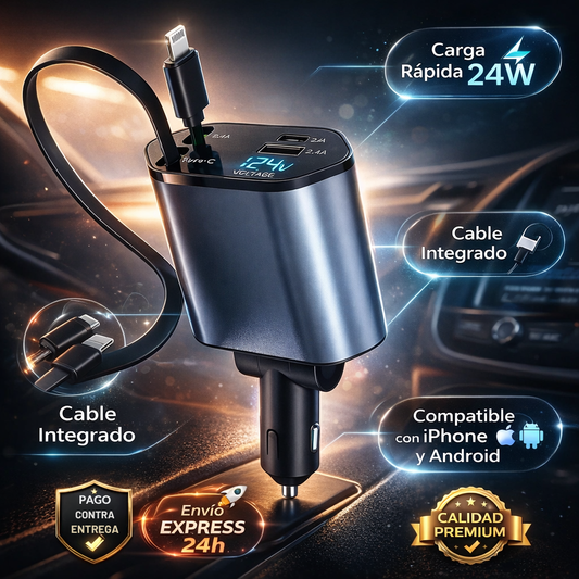 Cargador retráctil para carro 4 en 1 - Carga Rápida 🔋